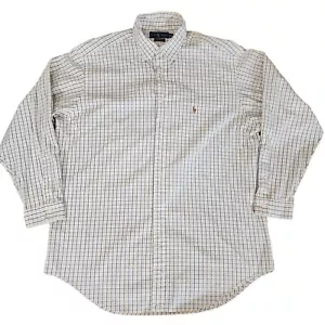 Camicia vintage Ralph Lauren 17,5 blu gialla a righe Yarmouth manica lunga logo carne - Foto 1 di 12