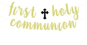 Gold Glitter First Holy Communion Banner - Baptism Decorations for Boys Girls... - Picture 1 of 6
