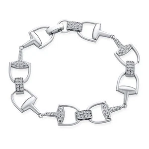 Horse Snaffle Bits Equestrian Chain Link Bracelet CZ Pave Sterling Silver Gift - Picture 1 of 4