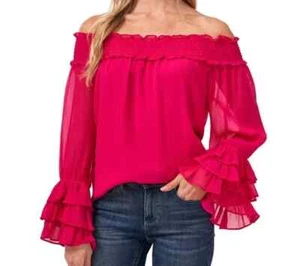 Blusa CeCe Manga Larga Fuera del Hombro GRANDE Mujer Calada Sólida Fucsia Top - Imagen 1 de 9