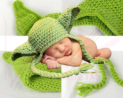 ​Star Wars Earflap Braid Tassel Hat YODA Newborn Knit Crochet Photo Accessory - Image 1 of 4