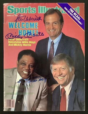 Mickey Mantle Firmado Sports Illustrated 25/03/85 Willie Mays + Ueberroth Auto JSA Foto 1 de 4