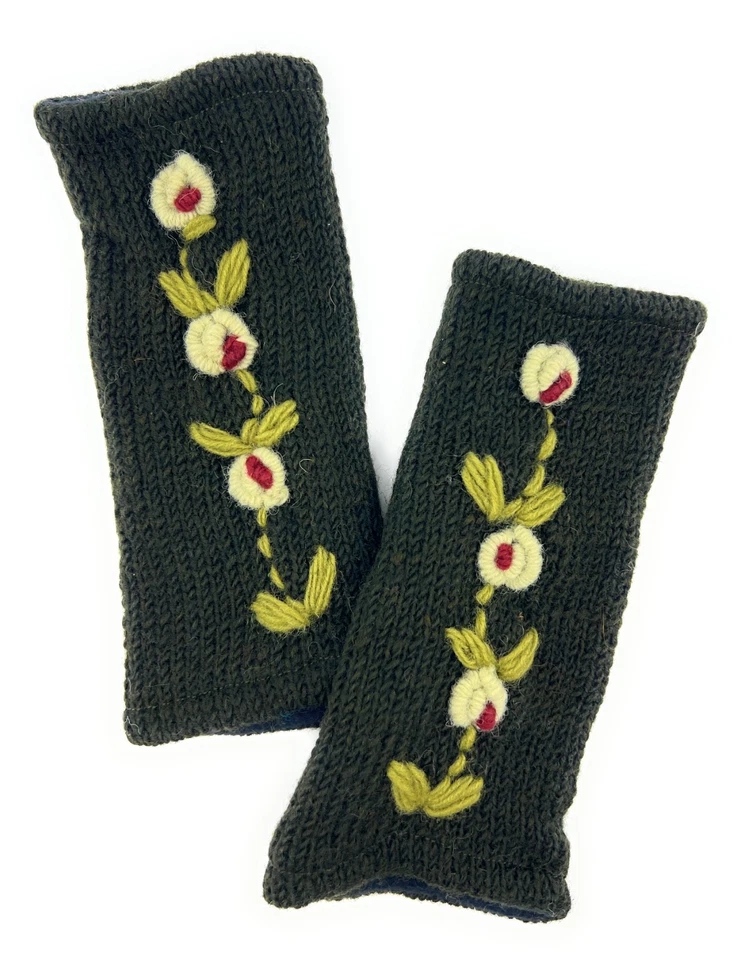 Guantes sin dedos verde flor lana tejido a mano mano mano mitones bordados forrados de vellón Foto 1 de 3