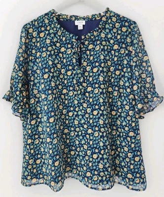 Blusa J Crew XXL Azul Naranja Floral Manga Corta Abullonada Forrada Corpiño Gasa Foto 1 de 4