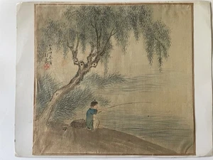 Antique Chinese Silk Painting – Boy Fishing Under Willow Tree – Hand-Painted & S - Picture 1 of 3