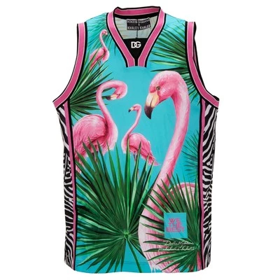 DOLCE & GABBANA x DJ KHALED Oversize Tank Top w. Flamingo Print Pink Blue 11359 - Image 1 of 4