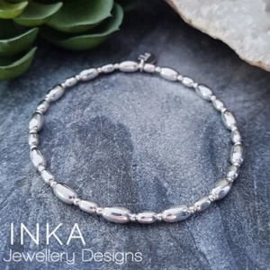 925 Sterling Silver Plain beaded 4mm & 6mm Oval Stacking Stretchy Bracelet INKA - Picture 1 of 8