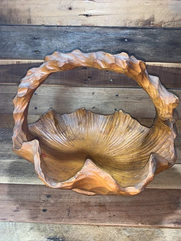 Vintage Hand Carved Burl Wood Basket with Handle 10" Tall 13" Wide Folk Art Cover