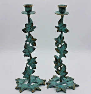 2 Kerzenständer Messing 973g Kerzenhalter 31cm Kerzenhalter Patina grün Leuchter - Bild 1 von 5