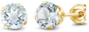 14k Yellow Solid Gold Created Aquamarine CZ Round Stud Earrings 4mm - Picture 1 of 1