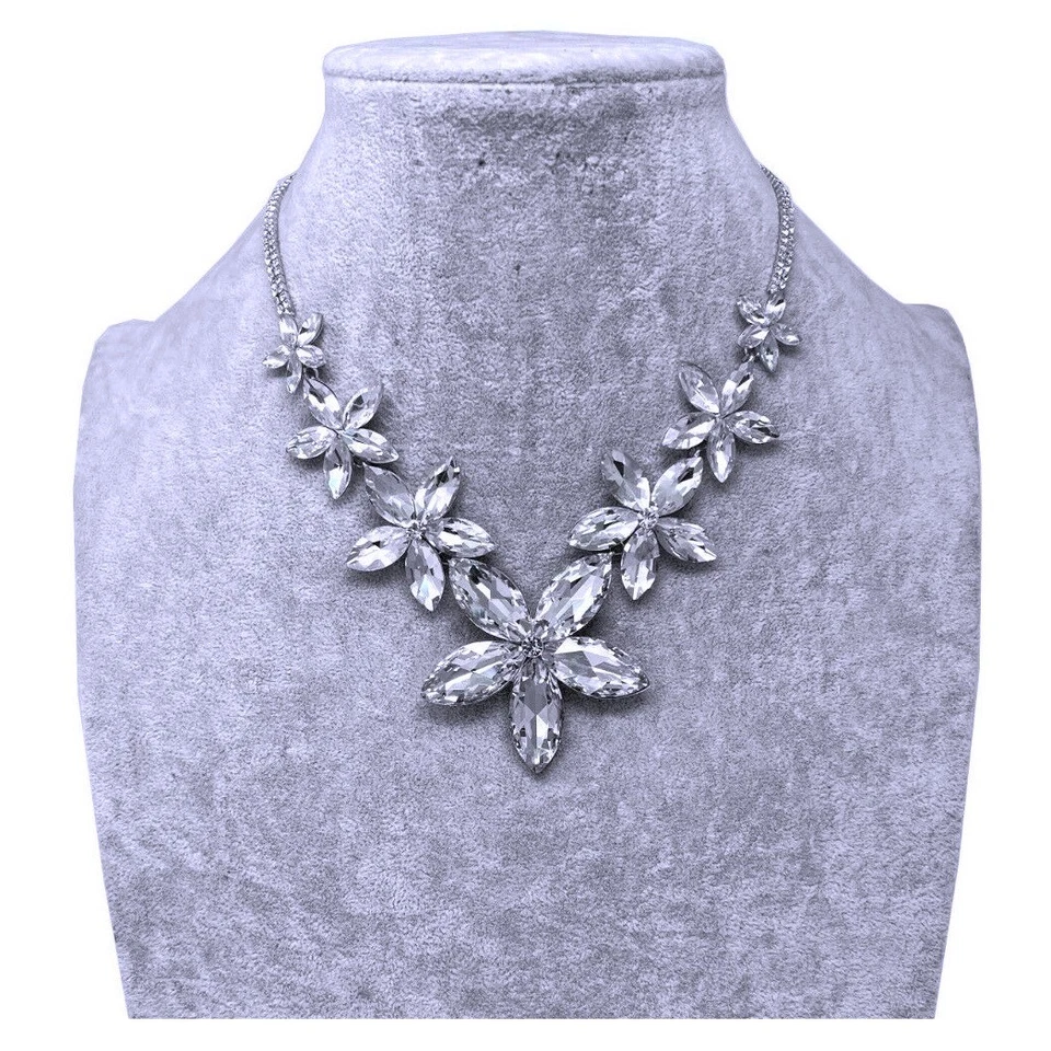 Collana Girocollo Cristalli Fiori Donna Brillante Elegante Classico Argento - Immagine 1 di 1