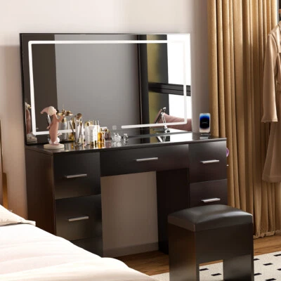 Juego de tocador tocador tocador tocador espejo iluminado LED más grande taburete dormitorio Foto 1 de 4