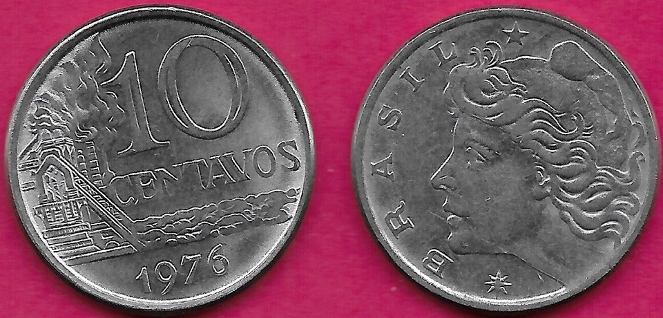 BRAZIL 10 CENTAVOS 1976 XF OIL REFINERY,LIBERTY HEAD,DENOMINATION AND DATE AT - Image 1 of 1