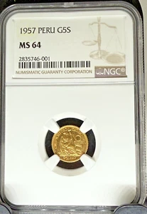 Moneta oro 5 suole 1957 Perù certificata NGCMS64 KM 236 - aggiornamento collezione?(A) - Foto 1 di 4