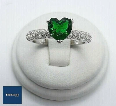 Anello Donna in Argento 925 Cuore Verde 8mm con zirconi bianchi Rodiato - Immagine 1 di 4