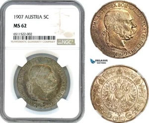 AI030, Austria, Franz Joseph, 5 Corona 1907, Vienna Mint, Silver, NGC MS62 - Picture 1 of 1