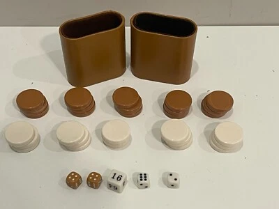 Vintage Backgammon 30 Pieces 15 BROWN 15 CREAM  2 DIE & 2 CUPS 1 Large Die 1.25” - Image 1 of 2