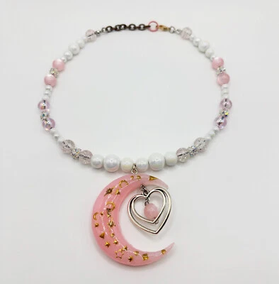 Handmade Pink Fairy Moon Pearl Beaded Choker Necklace - Image 1 of 4