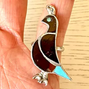 Vintage Zuni Wachtel Ring Gr. 6 Türkis Inlay Sterling Handarbeit Indianer 70er Vogel - Bild 1 von 6