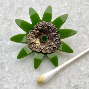 Broche broche flor baquelita verde vintage 2” estrás estado centro probado - Imagen 1 de 23