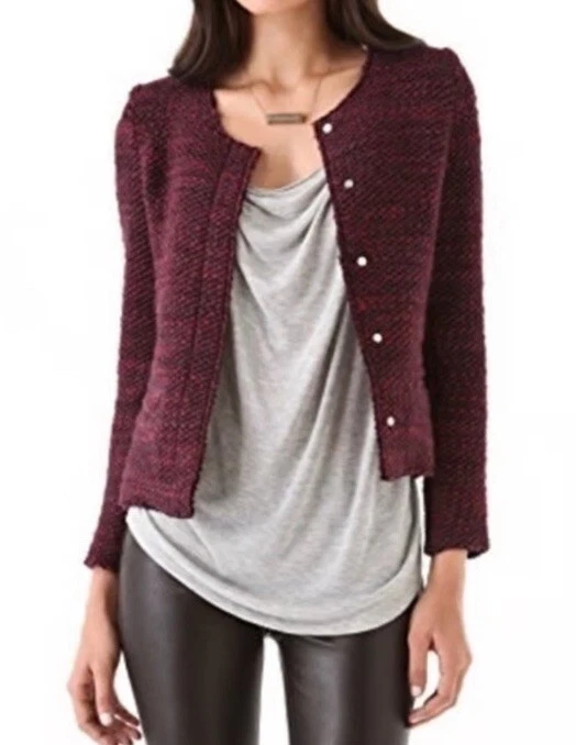 IRO Shena Boucle Fringed Tweed Blazer Burgundy Wool Sz 2 M - Image 1 of 4