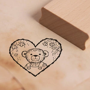 Stempel Holzstempel - Teddy Bär & Blumenherz Motivstempel Gravur Abdruck 38x28mm - Bild 1 von 2