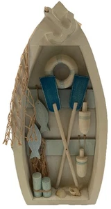 Holz Boot Wanddeko Fischnetz Muscheln Fischpaddel ideal für Hütte oder Strandhaus - Bild 1 von 5