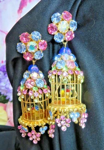 Vintage Simon Ju earrings for Henri Bendel Miniature Bird Cages Swarovski RARE - Picture 1 of 12