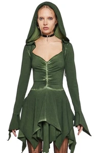 XS DOLLS KILL HOODED FAIRY MINI DRESS KHAKI GREEN FESTIVAL COSTUME - Picture 1 of 2
