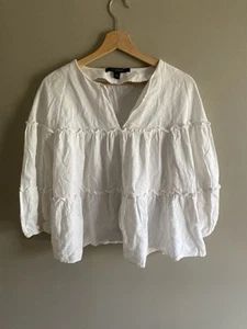 Marc New York Damen Boho Top L weiß Babydoll Luftpolsterärmel Strand Leinenkleidung - Bild 1 von 9
