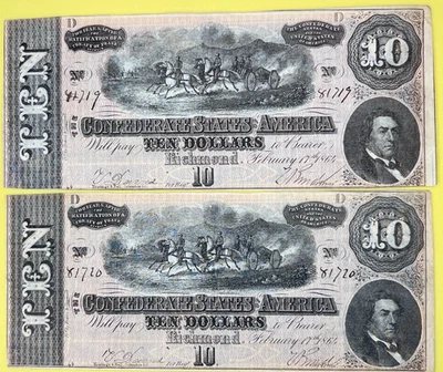 2 T68 10$, CONSECUTIVE #, Confederate States of America Notes, Richmond - Image 1 of 4