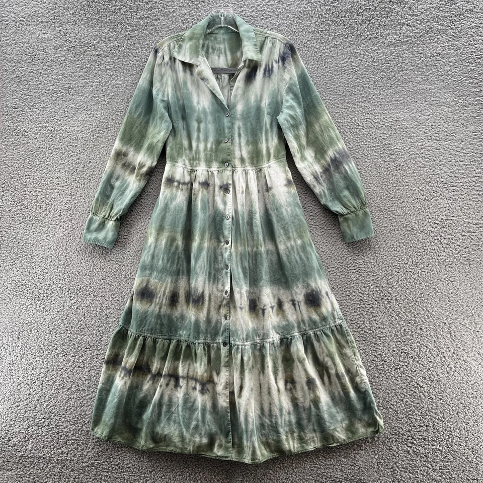 Raquel Allegra Dress Small Green Tie Dye Button Tiered Midi Collared USA Boho - Image 1 of 4