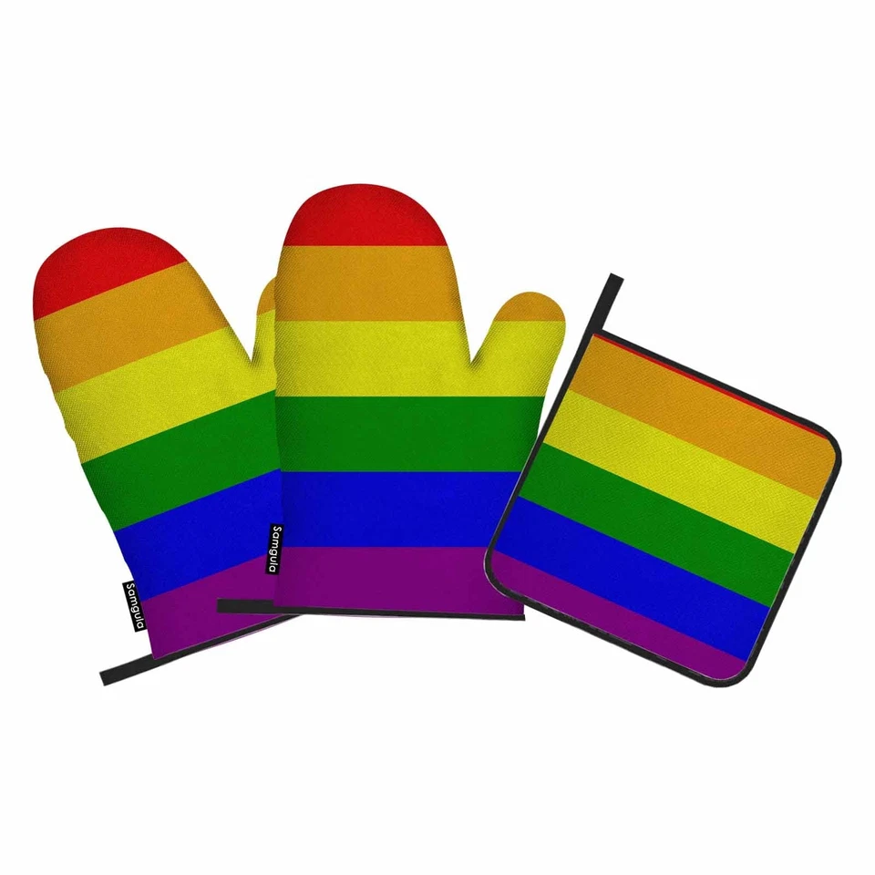 Juegos de guantes y soportes para ollas Rainbow Stripes coloridos bandera del orgullo gay calor... Foto 1 de 4