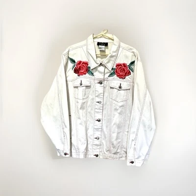 Bob Mackie Talla 2X Usable Arte Mujer Denim Blanco Romántico Chaqueta Rosas Foto 1 de 4