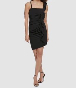 Guess Women's Black Ruffled Ruched Straight Neck Sleeveless Dress Size: 10 - Picture 1 of 2