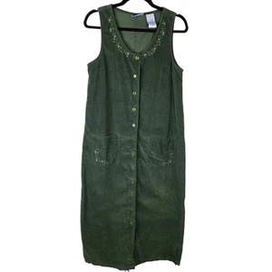 Vintage Erika Co S Green Corduroy Embroidery Jumper Dress Modest Midi Womens - Picture 1 of 12