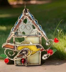 Stained Glass Birdhouse Suncatcher Yellow Bird Red Berries Window Ornament 5" - Picture 1 of 7