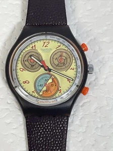 Vintage SWATCH CHRONO 1993- Leather Band Orange B. 4 Jewels- #A443 New Battery - Picture 1 of 8