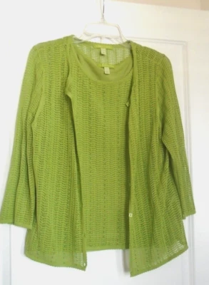 Cárdigan Sigrid Olsen Verde Mezcla Seda Top Pointelle Encaje Cuentas Suéter Talla PL Foto 1 de 4