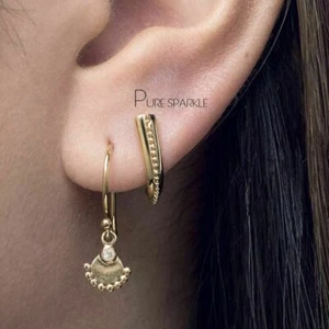 14K Gold 0.10 Ct. Lab-Created Diamond Pendulum Design Hook Earrings Fine Jewelry - Picture 1 of 4