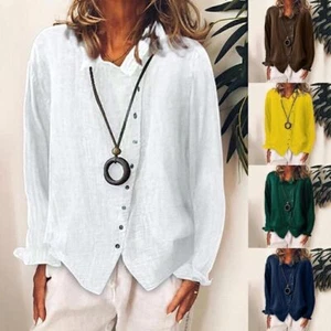 Womens Cotton Linen Plain Blouse Tops Ladies Baggy Long Sleeve Casual T-Shirt 14 - Picture 1 of 18