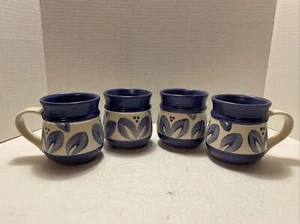 (4) Pfaltzgraff Villa Flora Mugs Blue & White Leaves - Picture 1 of 8