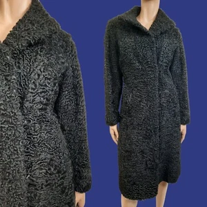 Vintage Black Persian Lamb Fur Coat 1940s 1950s Womens Size XS Mid Calf - Foto 1 di 14