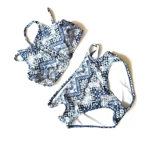 No Boundaries Girls 2 Piece Halter Swimsuit Blue Aztec Mixed Size Top S Bottom M - Picture 1 of 6