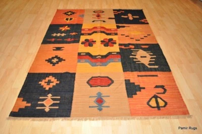 _HAND-MADE_SOUTHWESTERN  STYLE Wool kilim rug 5' X 7' red and blue CAUCASIAN - Image 1 of 4