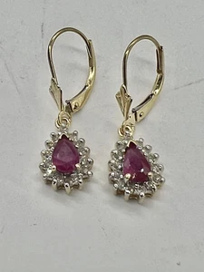 Lab Created Red Ruby & Diamonds Dangle Earrings 14kt Yellow Gold Plated 2.40ct