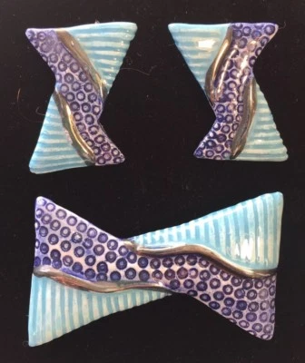 Ceramic Pierced Earrings Brooch Set Blue Aqua Silver Painted  - Imagem 1 de 4