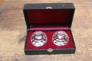Crystal Candlestick Holders  3 1/2” Ball, 72 Facets, Felt Box, Clear Glass - Picture 1 of 12