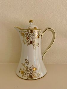 Japanese Hand Painted Nippon White Chocolate Pot with Gold Floral Accents
