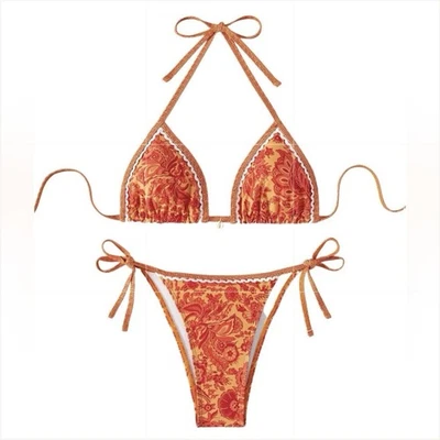 Two Piece Bikini Set SMALL Halter String Triangle Cheeky Swimsuit Orange Floral - Image 1 of 4